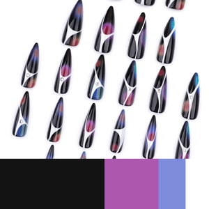 Dark Y2K stiletto press-on nails with black base, laser marbling and silver stripe detail