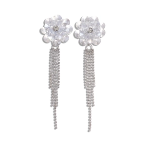 Sparkling crystal flower earrings with long fringe tassels in silver finish for women
