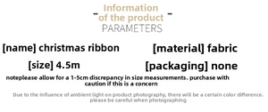 Detailed specifications chart for Christmas ribbon showing 4.5m length and fabric material