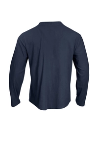 Back view of a navy blue long-sleeve knit cardigan featuring a rounded hem and natural texture