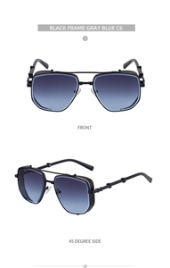 Black punk square sunglasses with gray blue gradient lenses and side shield detail