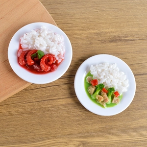 Realistic PVC miniature rice bowls with assorted vegetable toppings on wooden background