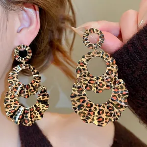 Three-tier layered round leopard print drop earrings with wavy texture for women