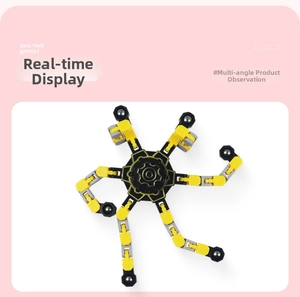 Detailed macro view of a flexible mechanical fidget spinner with yellow adjustable arms