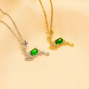 Elegant Titanium Steel Running Deer Pendant Necklace For Women Christmas Gift Gold Silver Plated Green Stone Rhinestone Jewelry