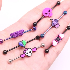 Skull heart and cupcake industrial barbell earrings in rainbow black and steel finish