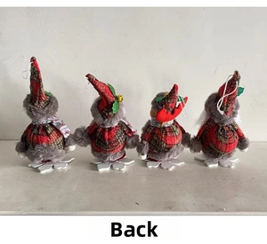 Set of four Christmas gnome ornaments in red and black plaid featuring back view details