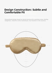 Detail of champagne silk sleep mask featuring ergonomic design and elastic strap on white background