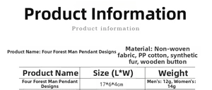 Size chart showing knitted gnome ornaments with dimensions and material specifications