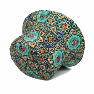 Detail of bohemian bucket hat with colorful mandala patterns and ethnic print design