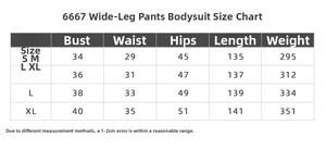 Size chart for wide leg yoga jumpsuit showing bust, waist, and hip measurements