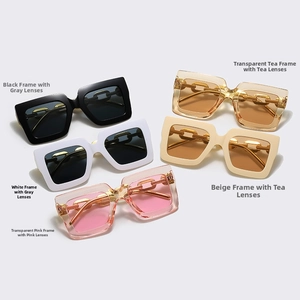 Detail view of oversized square sunglasses featuring chic gold chain temples and multi-color lenses