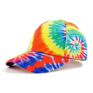 Colorful tie-dye baseball cap with vibrant gradient graffiti pattern and curved brim