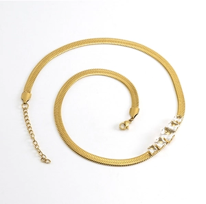 Macro shot of 18k gold plated flat snake chain featuring square zircon stone details
