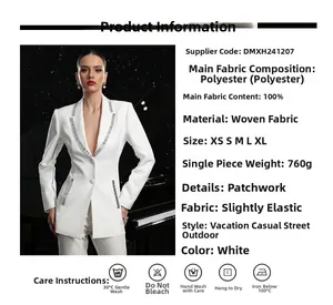 Detail of white blazer with sequin patchwork and 100% polyester fabric texture specifications