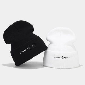 Stylish black and white knitted beanies with mama and baba embroidery for couple streetwear