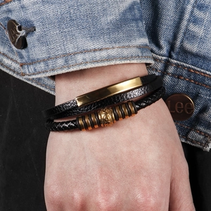 Multi-layer braided leather bracelet for men with gold metal beads and magnetic clasp