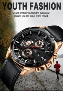 Macro shot of waterproof quartz watch with black leather strap and rose gold case