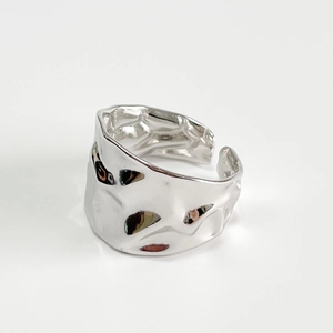 925 Sterling Silver Ring Irregular Hammered Texture Molten Lava Style Wide Band Adjustable Open Modern Minimalist Jewelry