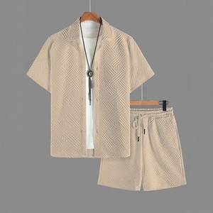 Men's summer casual short sleeve shirt and shorts set in khaki textured waffle fabric