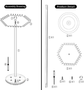 Detailed assembly components diagram of clear acrylic necklace display stand with dual hooks