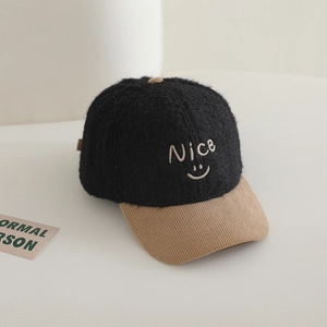 Detail of kids plush baseball cap with Nice embroidery and corduroy brim