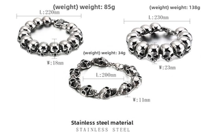 Three sizes of bold stainless steel skull head bracelets with detailed dimensions and weights