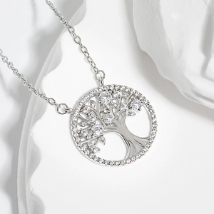 Bohemian tree of life pendant necklace in silver finish with white cubic zirconia crystals