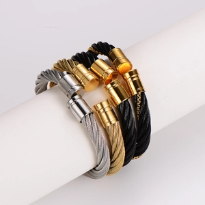 Hip hop cable wire elastic bracelets in silver gold and black stainless steel