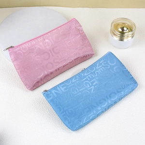 Pink and blue rectangular makeup bags with EN letter embossing and secure zipper closure