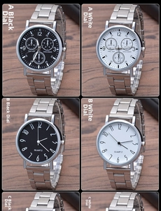 Detailed grid of stainless steel quartz watches with multiple dial styles and metal bands