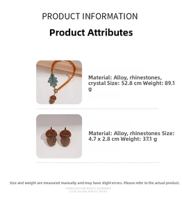 Detailed specs of crystal acorn necklace and matching earrings with dimensions