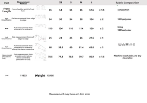 Tableau détaillé des tailles pour veste en cuir synthétique avec mesures précises