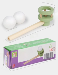 Detailed size specifications for the wooden floating blow ball toy and packaging box