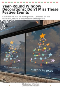 Colorful Christmas tree window sticker with stars and Merry Christmas text on glass
