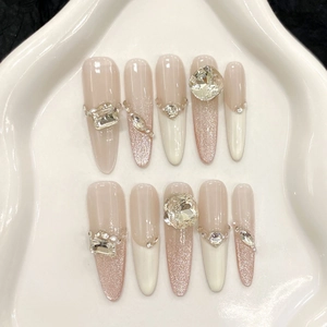 Handmade Press On Nails Stiletto Cat Eye Rhinestone Glitter Gradient French Tip Nude Long False Fingernails Luxury