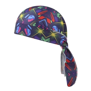 Detail of paisley stretch durag showing colorful geometric patterns and white stitching