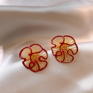 Flower Stud Earrings With Silver Earring Post Copper Gold Plated Red Enamel Hollow Vintage Elegant Jewelry For Women