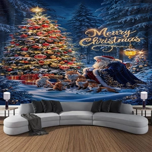 Detail of Christmas wall tapestry with Santa and foxes hanging above a cozy sofa setup