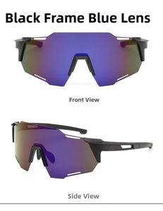 Front and side view of black frame sports cycling sunglasses with purple blue polarized lens