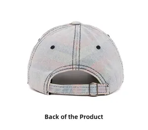 Detailed back view of rainbow denim baseball cap featuring adjustable metal buckle