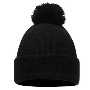Classic black knitted beanie with a fluffy pom-pom top and ribbed cuff in plain style