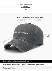 Detail view of washed denim baseball cap with happy-headache embroidery and dimensions