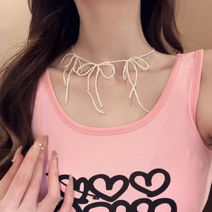 Bow Tie Beaded Choker Necklace Rice Tube Beads Alloy Clasp Sweet Balletcore Style Clavicle Chain For Women