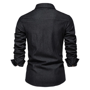 Back view of men's black denim long-sleeve shirt in slim fit with high-quality stitching