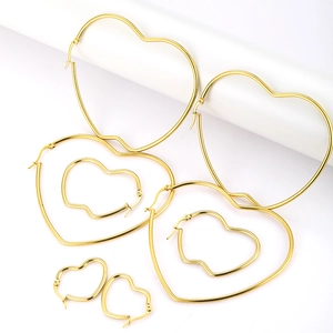 Exaggerated gold-plated heart hoop earrings for women in four varied sizes