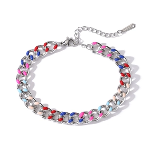 Detail of colorful enamel Cuban chain bracelet in stainless steel with lobster clasp