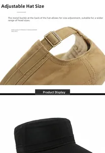 Detalle de hebilla metálica ajustable en gorras militares de algodón en caqui y negro