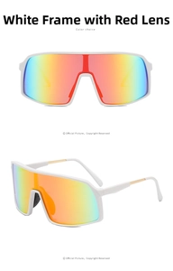 Detailed dual-view of white frame sports sunglasses with colorful red mirror lenses
