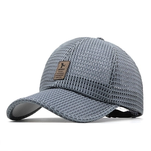 Grey breathable mesh baseball cap with leather patch for outdoor sun protection